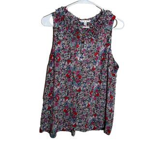 Cabi Tank Top Women's Large Sleeveless Ruffle Printed Fringe Popover Pleated